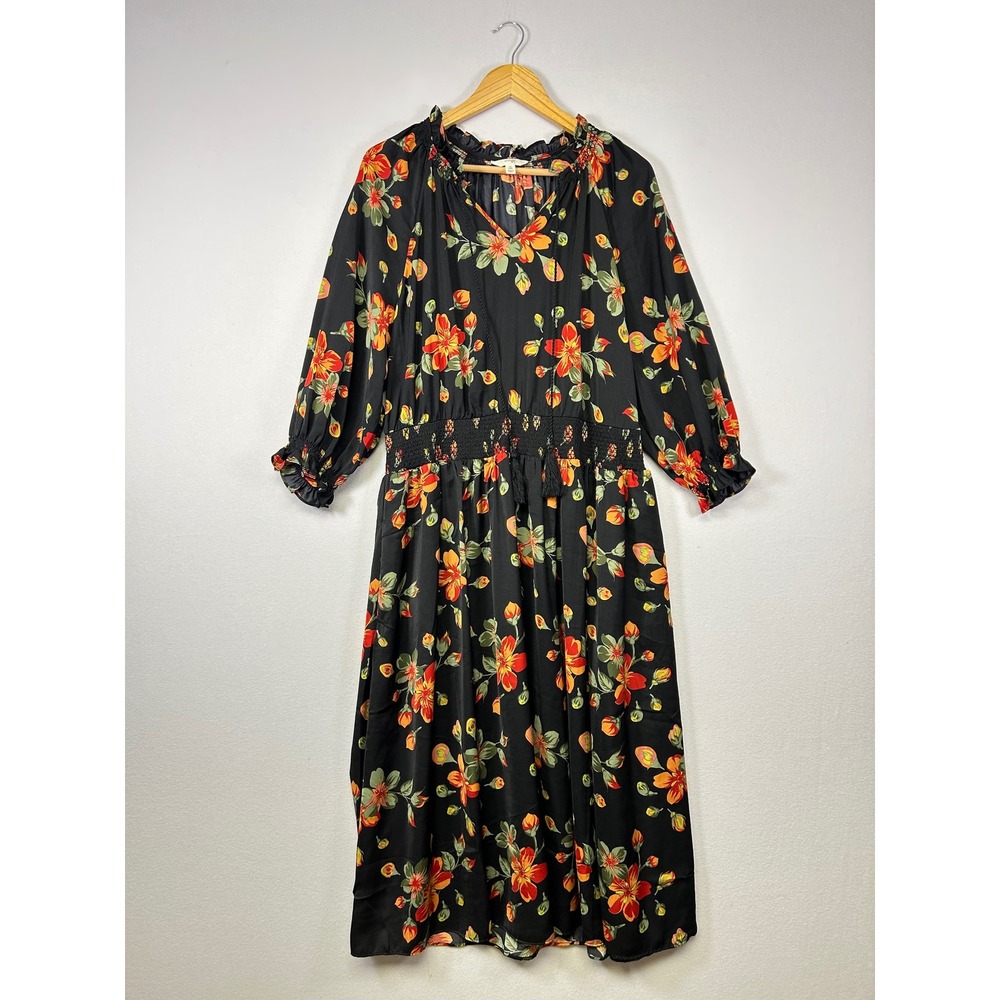 Boho Peasant‎ Floral Midi Dress Women 0X 14W Black Smocked Waist Tassel